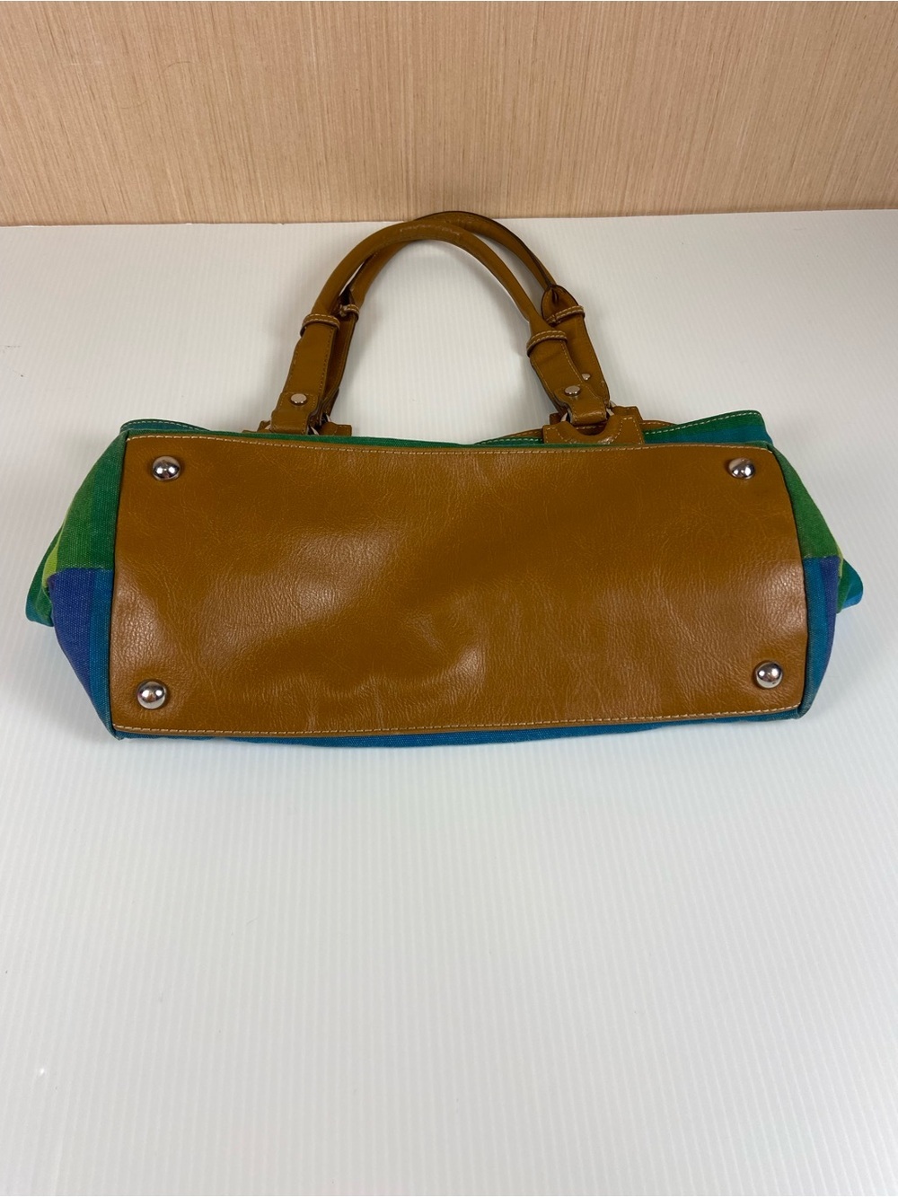Liz Claiborne Blue Green Striped Canvas Tote Shoulder Bag - Picture 5 of 12